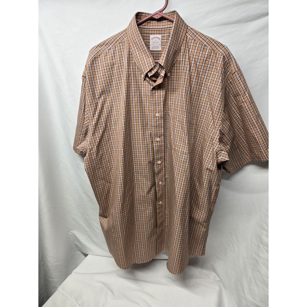 Brooks Brothers Mens XL Orange Plaid Shirt Supima Cotton Button Up Short‎ Sleeve
